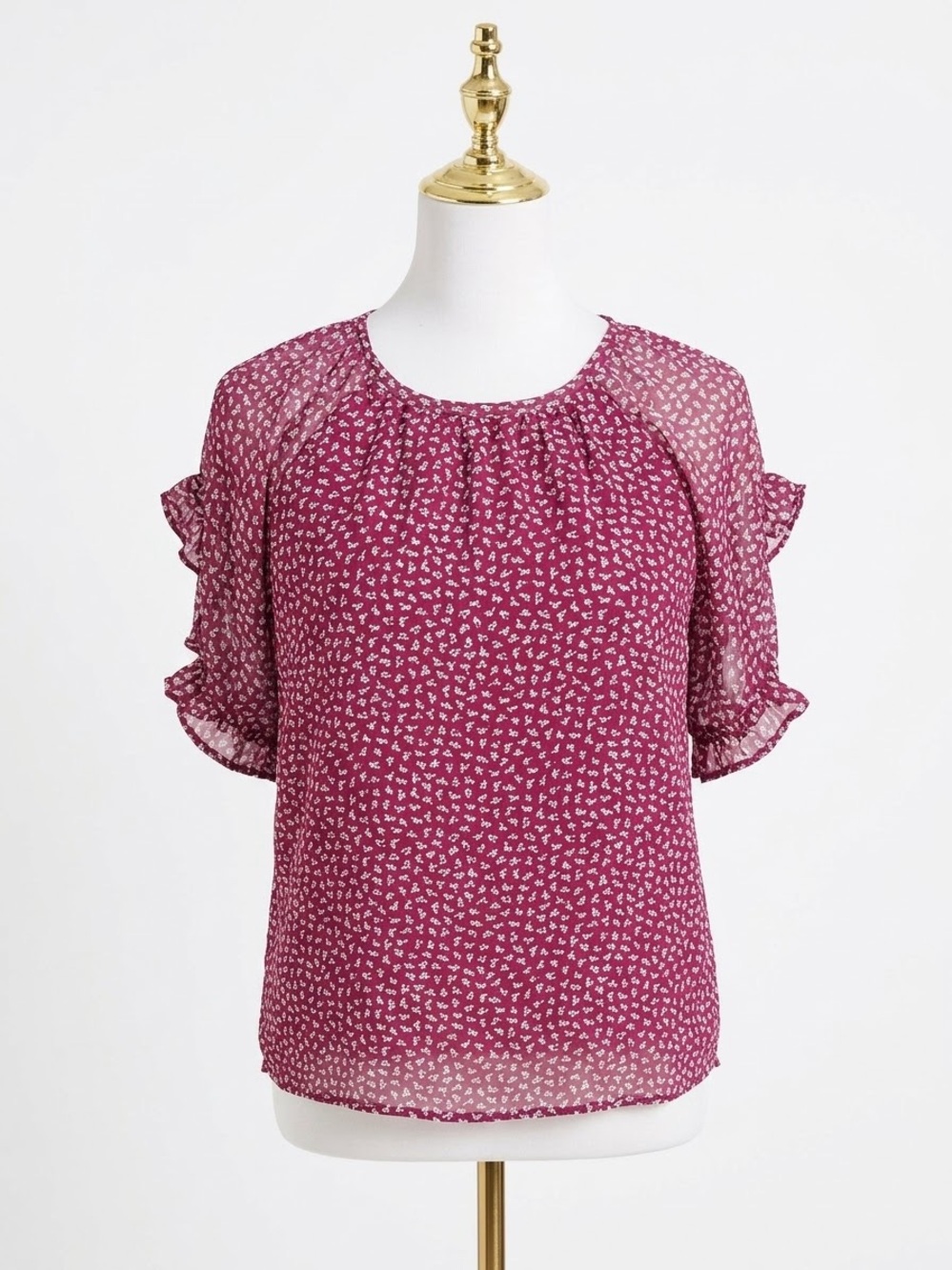 Madewell Floral Ruffle Flutter Short Sleeve Blouse Top Maroon Burgundy XS
